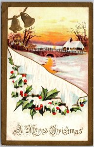 A Merry Christmas Holy Leaf Cherry Winter Snow House & Bridge Postcard