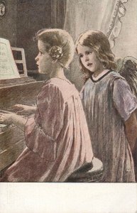 Drawn girl piano music and guardian angel fantasy vintage postcard Switzerland