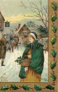 Embossed Christmas Eve Postcard 2146 Woman in Green Cloak w/ Basket Of Holly