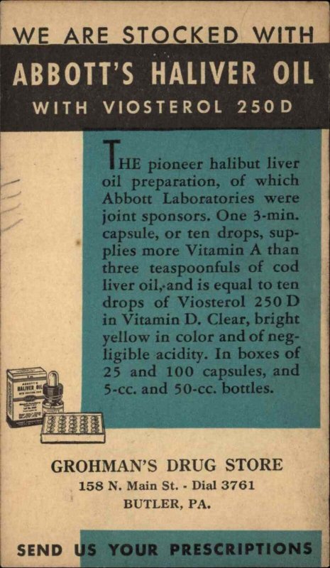 Butler Pennsylvania PA Abbott's Haliver Oil Ad Advertising Vintage Postcard