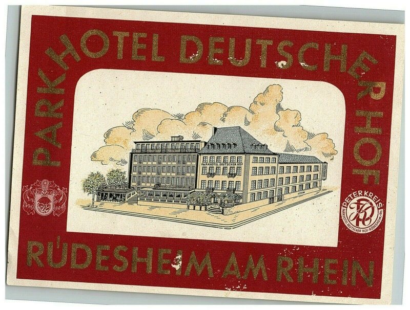 Park Hotel Deutscher Hof Rudesheim Am Rhein Luggage Label Sticker Stamp Vtg 