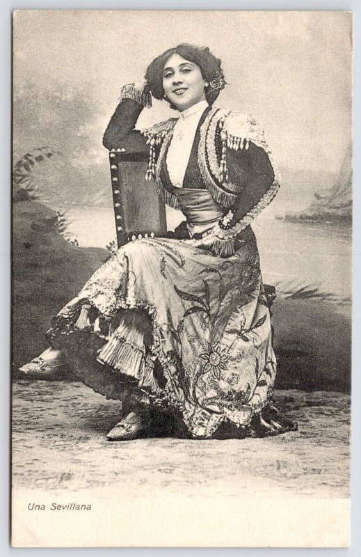 Una Sevillana~Lovely Lady Leans Against Chair by M Chaparteguy, Seville Spain~