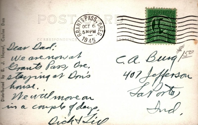 RPPC  Coulee Dam Night View Washington  Postcard  1945