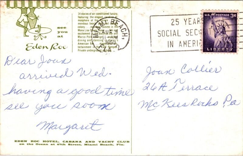 Edan Roc Miami Beach 1950 Cancel Wob Note Pm Liberty Stamp Postcard