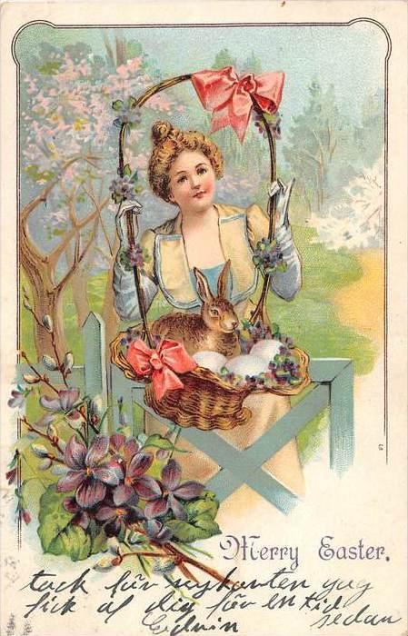 Easter, Woman with a basket,  rabbit inside