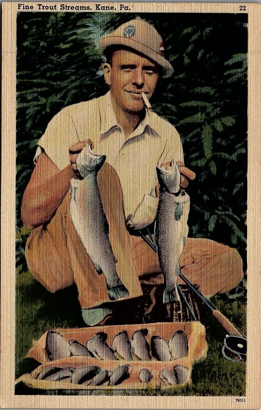 1940s KANE PA TROUT FISHERMAN FINE TROUT STREAMS ANGLER LINEN POSTCARD 29-179 