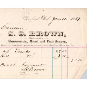 1887 Antique Billhead - S.S. BROWN Monuments Head & Foot Stones - Seaford, DE