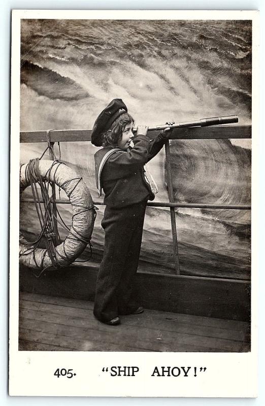 Postcard Ship Ahoy Boy Sailor Uniform Telescope Studio Bamforth RPPC Photo B36