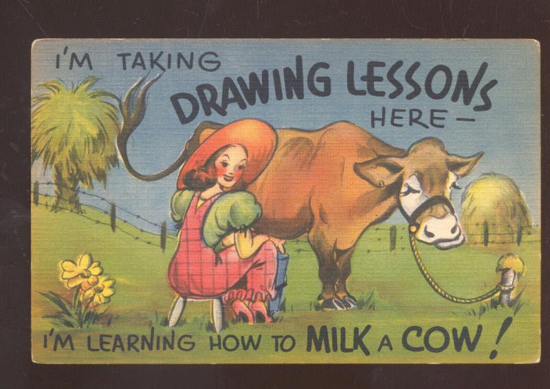 TAKING DRAWING LESSONS MILK A COW WOMAN FARMER VINTAGE COMIC POSTCARD