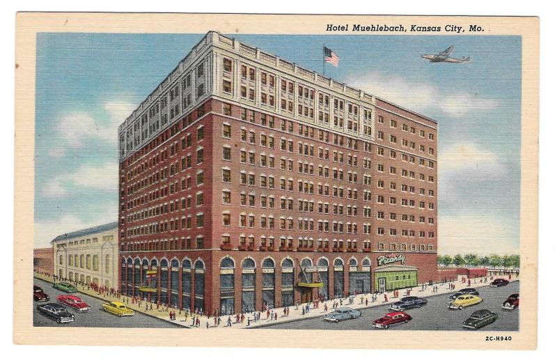 MO Kansas City Missouri Hotel Muehlebach Airplane Vintage Postcard Linen