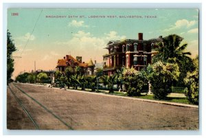 c1910 Broadway 24th Street Looking West Galveston Texas TX Antique Postcard 