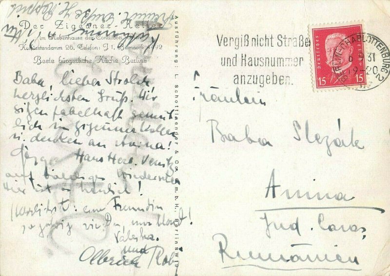 Germany Der Zigeuner keller Berlin 1931 Gypsy Type Violin Music Artist Postcard