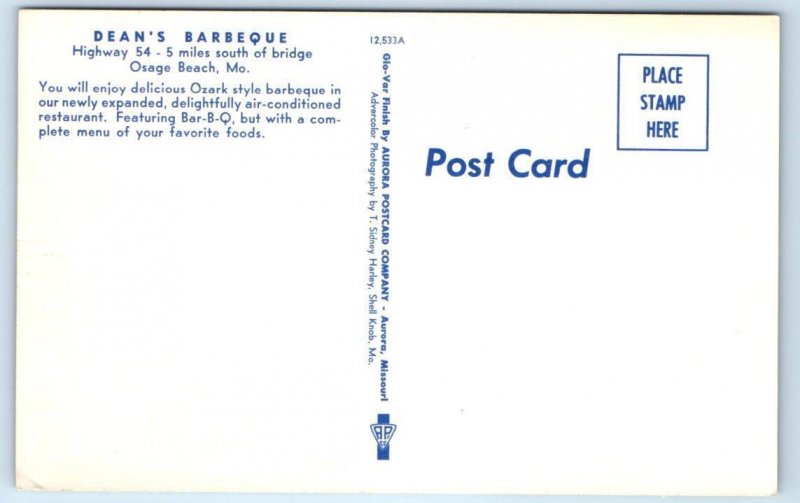 OSAGE BEACH, MO Missouri ~ Roadside DEAN'S BARBEQUE Juke Box  c1950s Postcard