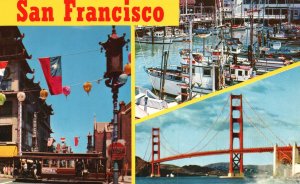 Vintage Postcard Chinatown & Cable Car Fisherman's Wharf Golden Gate Bridge CA