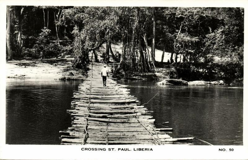 liberia, Crossing the Saint Paul River on a Wooden Bridge (1950s) RPPC