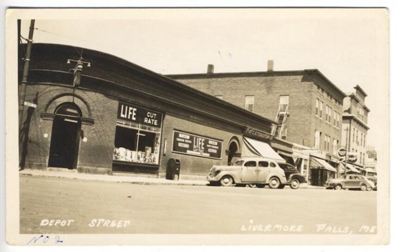 Livermore Falls ME Street View Store Fronts Old Cars RPPC Real Photo Postcard