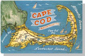 Unusual Cape Cod Postcard, Map Of The Cape, Nantucket Sound,  Massachusetts/MA