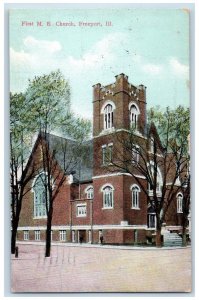 1909 First M.E. Church Street View Freeport Illinois IL Posted Antique Postcard 