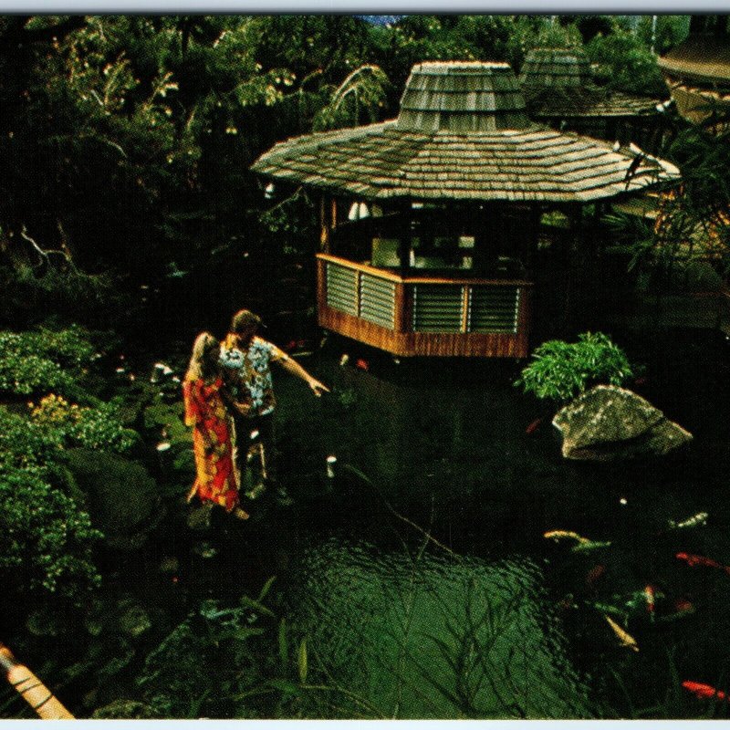 c1970s Waikiki, HI Pagoda Floating Garden Restaurant Man Girl Stroll Chrome A332