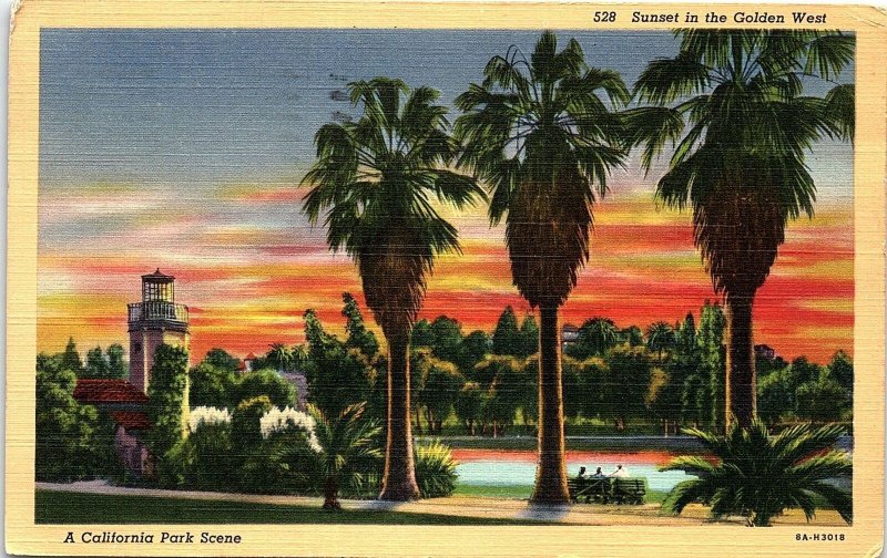 1940s LONG BEACH CALIFORNIA SUNSET IN THE GOLDEN WEST PARK LINEN POSTCARD 42-261