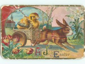 Pre-Linen easter HUMANIZED CHICK RIDES IN CART PULLED BY BUNNY RABBIT k2835