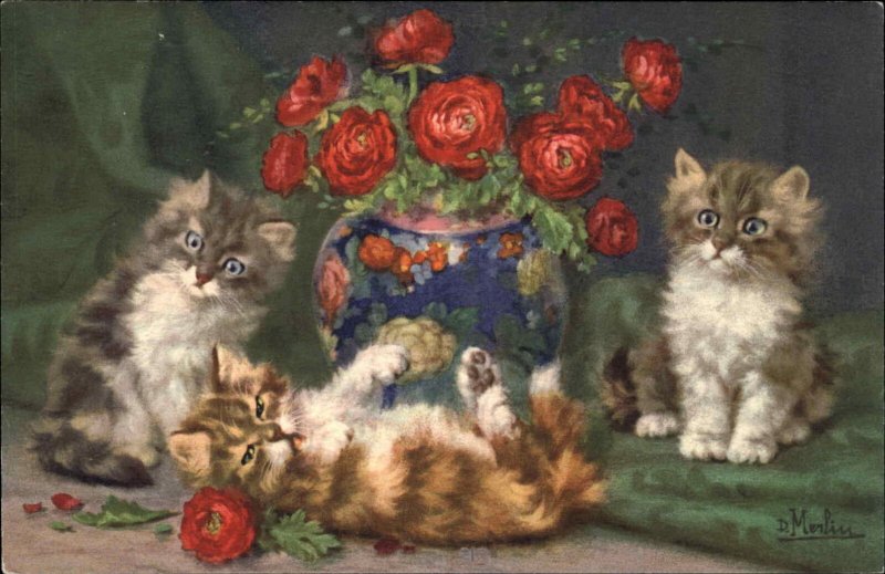 A/S MERLISS Cats Kittens Rolling w Flowers Old Postcard