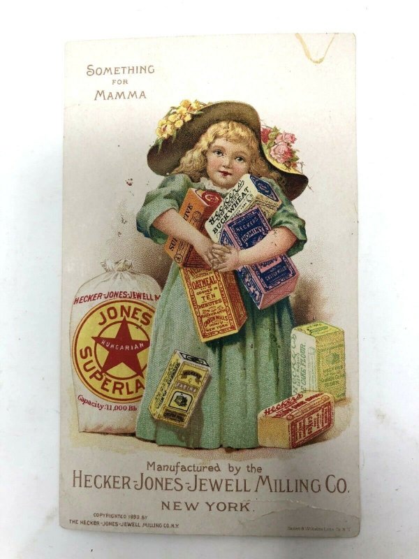 Hecker-Jones-Jewell Milling Company trade card pretty little girl grain packages