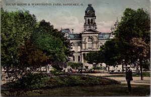 Hand Colored Postcard Court House & Washington Park in Sandusky, Ohio