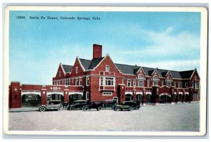 c1920 Santa Fe Depot Entrance Classic Cars Colorado Springs Colorado CO Postcard 