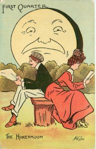 Postcard The Honeymoon Anthropomorphic First Quarter Moon Romantic Couple ZIM