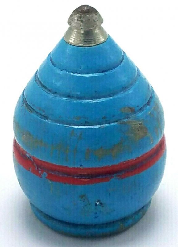 Vintage Wood Spinning Top Metal Tip Original Paint wood Blue w Red Stripe