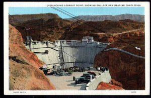 Nevada BOULDER DAM nearing Completion overlooking Lookout Point older cars LINEN