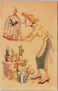 Woman Stands by Her Bird which is in a Cage Cacti Vintage Postcard C200