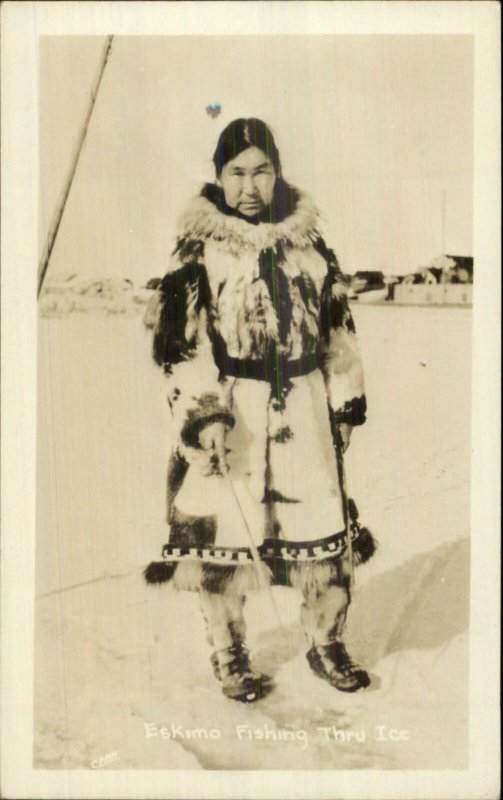 Eskimo Ice Fishing c1940s Real Photo Postcard - Publ in Fairbanks AK