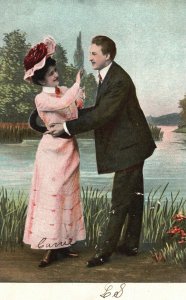 Vintage Postcard Lovers Couple Pink Dress Dating Near The Lake Romance