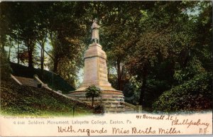 Easton Pennsylvania~Soldiers Monument Lafayette College~Vintage Postcard KJ9