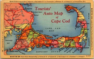 Tourtists Auto Map Of Cape Cod Bay New England Cities Linen Postcard 