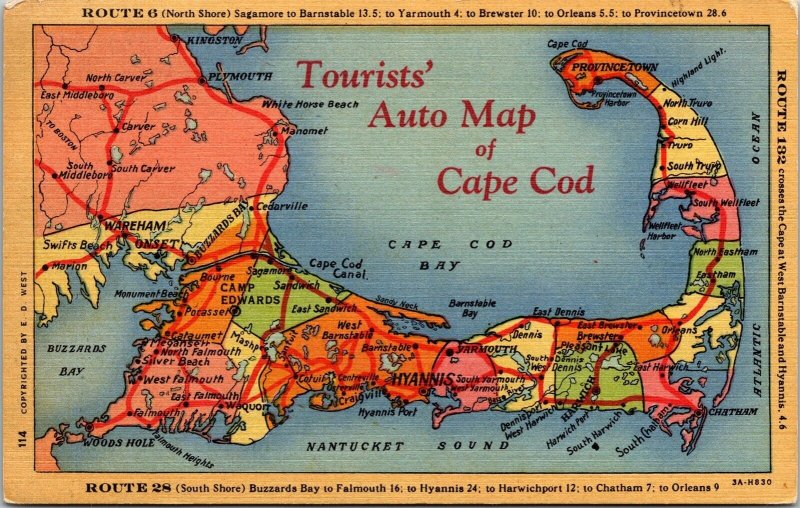 Tourtists Auto Map Of Cape Cod Bay New England Cities Linen Postcard 