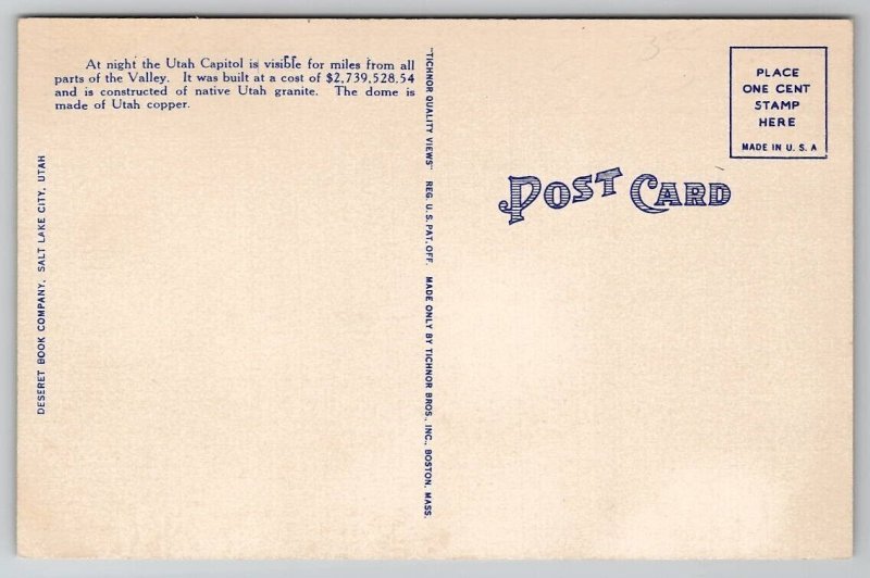 Salt Lake City Utah State Capitol at Night Postcard E24