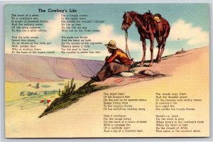 ~Old Man With Donkey Cowboys Life Poem~Vintage Linen Postcard