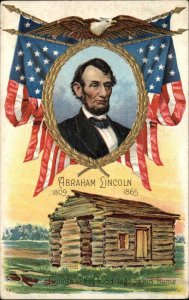 Abraham Lincoln Log Cabin American Flag Patriotic c1910 Postcard