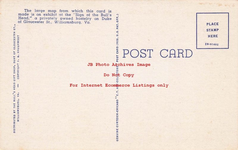 Curt Teich Linen Map Postcard, Willliamsburg-Yorktown Virginia