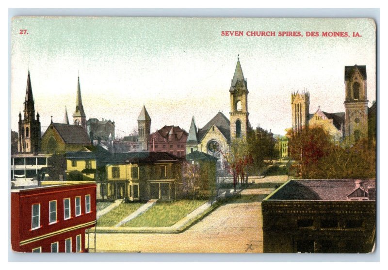 C. 1910 Seven Church Spires Downtown Des Moines Iowa Vintage Postcard P218