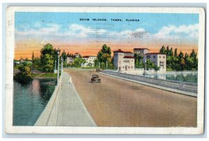 1938 Davis Island Road Bridge Classic Car Grove Building Tampa Florida Postcard