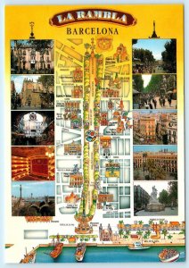 BARCELONA, SPAIN ~ Illustrated Map LA RAMBLA Multi Views 5 x 7 Postcard