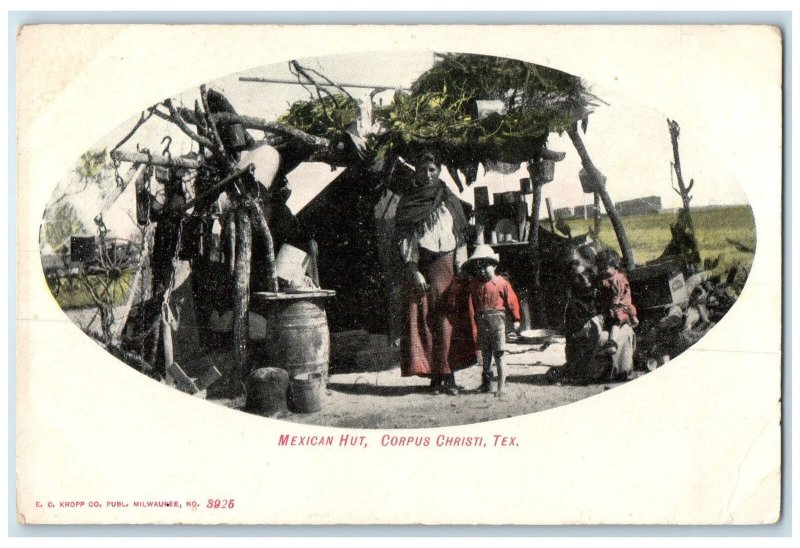 c1920's Mexican Hut House Family Wagon View Corpus Christi Texas TX Postcard