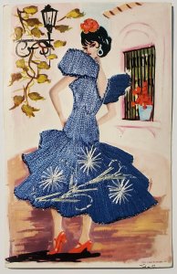 Pretty Spainish Dancer Embroidered Blue Dress Postcard P30