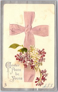 Easter Peace Be Yours, Pink Fabric Cross, White-Purple Lilacs, Vintage Postcard