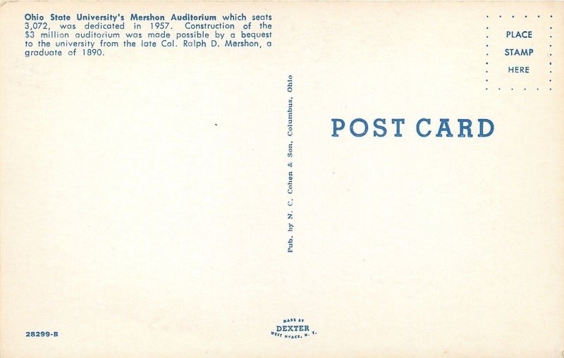 Columbus Ohio~Ohio State University~Mershon Auditorium~Nice 1950s Car~Postcard