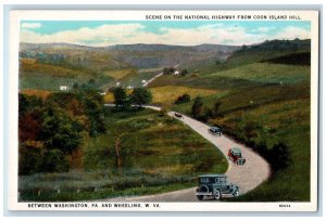 Scene National Highway Coon Island Hill Cars Washington PA Wheeling WV Postcard